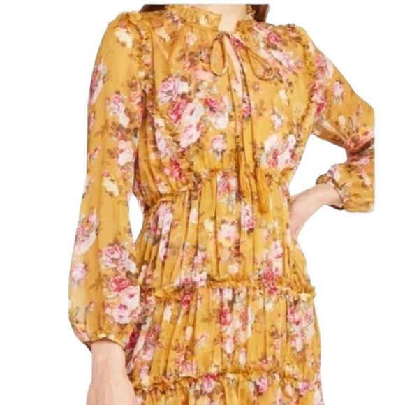 OPT Anthropologie Felicity Floral Tie Neck Midi Dress Size Medium Yellow Orange - Picture 3 of 15